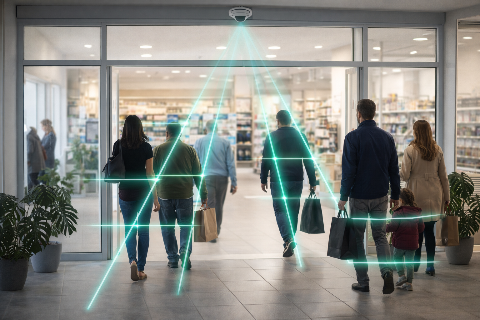 Advanced spatial intelligence technology monitoring foot traffic at a store entrance with digital overlays, illustrating Bespot’s location integrity and security solutions.