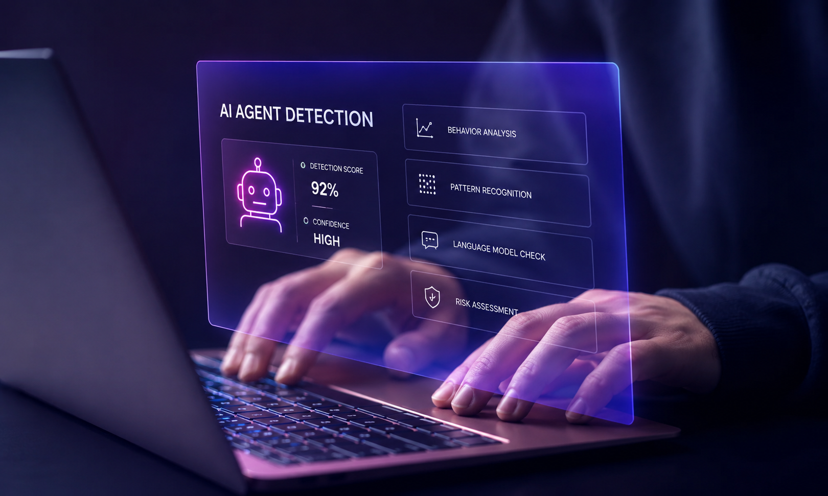 Person typing on a laptop with a futuristic holographic interface displaying AI agent detection analytics, behavior analysis, and risk assessment in a purple neon-themed environment.