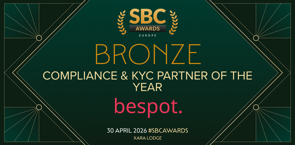Marketing banner about Bespot Company who win the bronze award for compliance and antifraud technology, one recognition for Compliance and KYC Partner of the Year