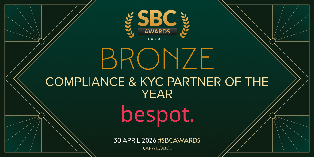 Marketing banner about Bespot Company who win the bronze award for compliance and antifraud technology, one recognition for Compliance and KYC Partner of the Year